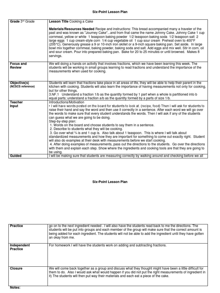 Six Point Lesson Plan Cake Bake - Eled 3111 | PDF