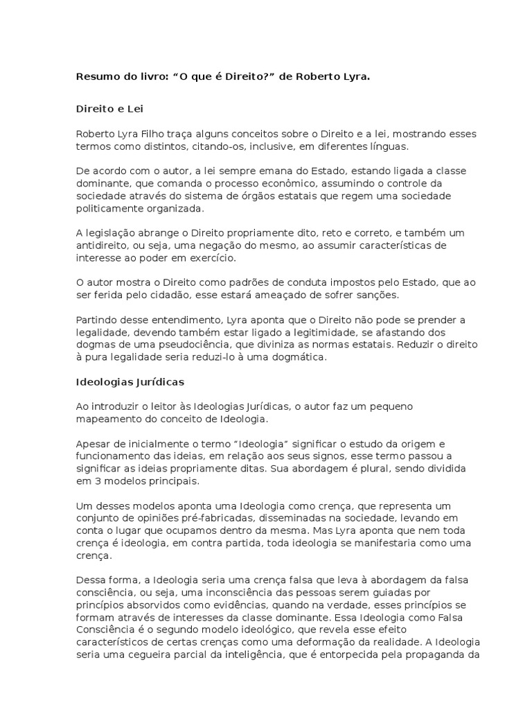 Resumo Do Livro O Que é Direito Roberto Lyra