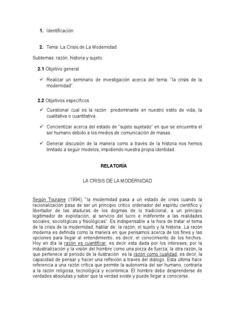 Crisis de la Modernidad: Razón y Sujeto | PDF | Modernidad | Razón
