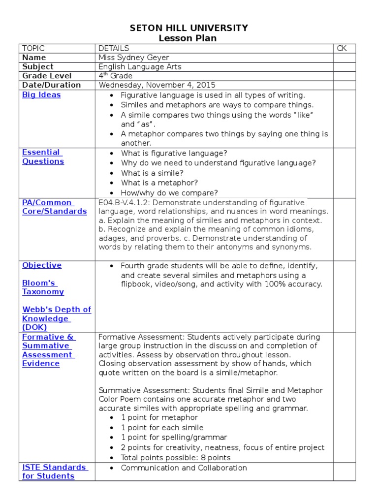 4th Grade Similes and Metaphors Lesson Plan | PDF | Metaphor | Lesson Plan