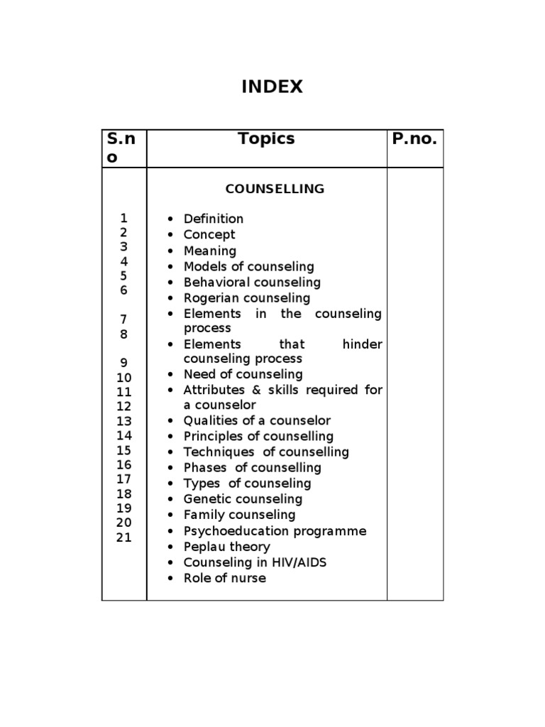 Index: S.N o Topics P.no | PDF | Counseling Psychology | Family Therapy