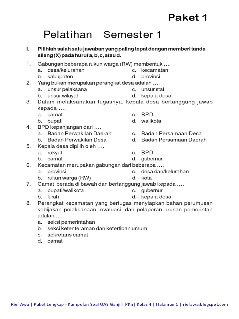 Kumpulan Soal UAS Ganjil PKn Kelas 4