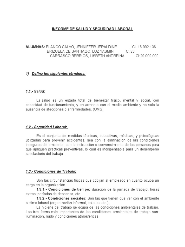 Informe de Salud y Seguridad Laboral | PDF | Seguridad y salud ...