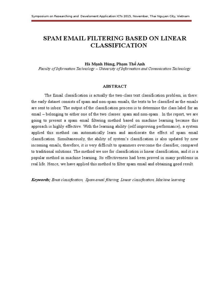 Linear Classification for Spam Filtering | PDF | Business