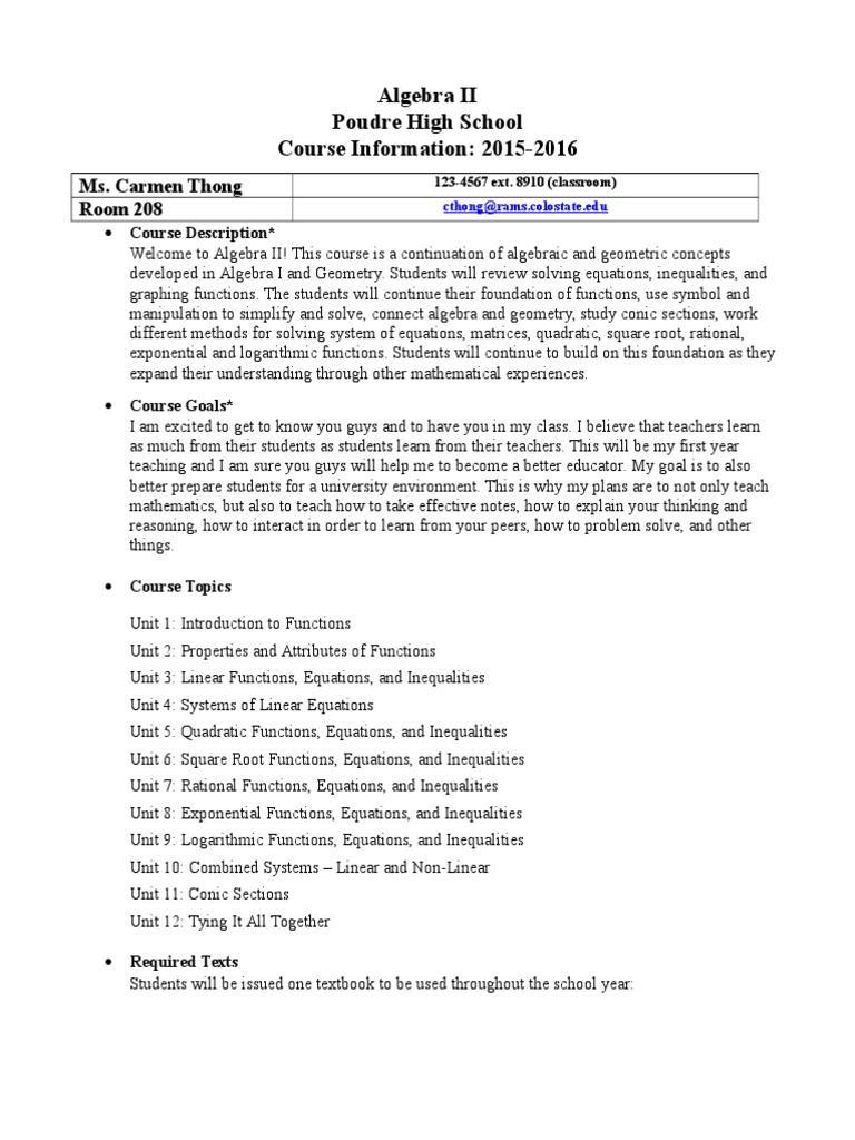 Algebra II Course Overview 2015-2016 | PDF | Homework | Equations