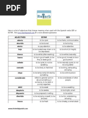 Ser Estar Adjectives