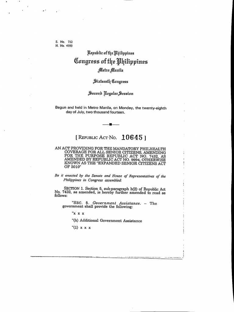 RA 10645 - Mandatory PhilHealth Coverage For All Senior Citizen | PDF ...