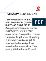 Acknowledgement: I Am Very Grateful To "ESCORTS Agri Machinery (Components Plant) at Plant No 1"