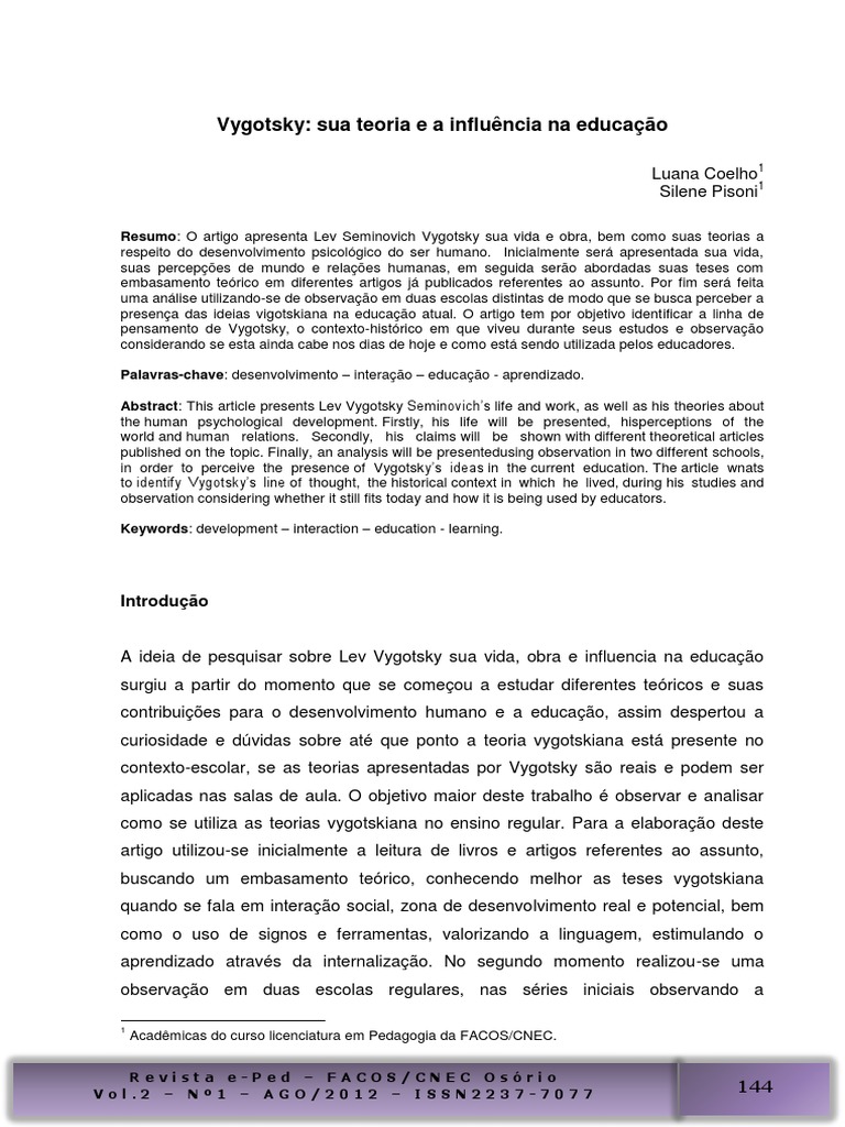 Teoria de Vygotsky na Educação Atual | PDF | Aprendizado | Pensamento