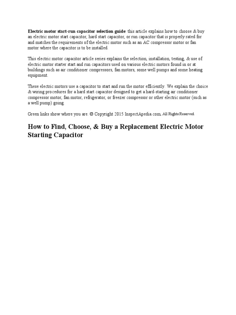Electric Motor StartRun Capacitor Selection Guide PDF Capacitor