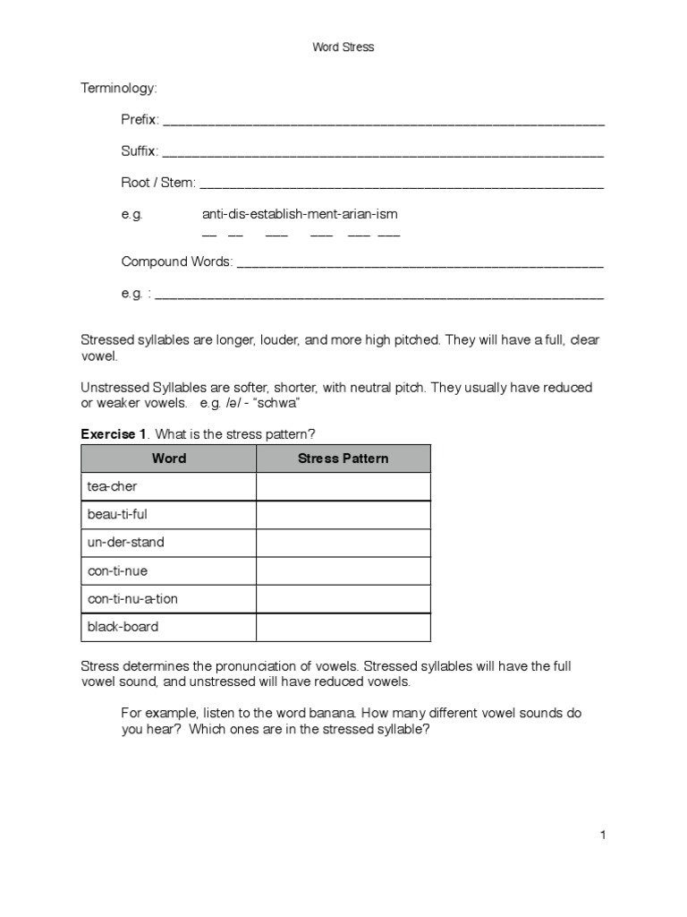 Word Stress Worksheet | Stress (Linguistics) | Word