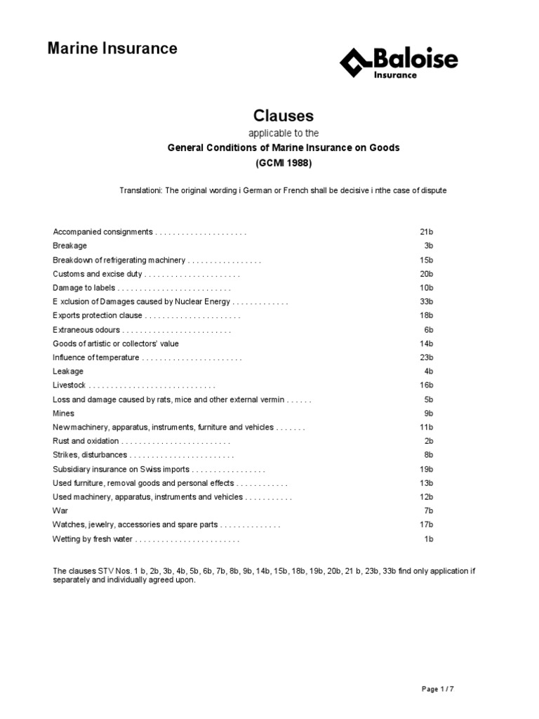Switzerland GCMI 1988 Clauses | PDF | Indemnity | Insurance