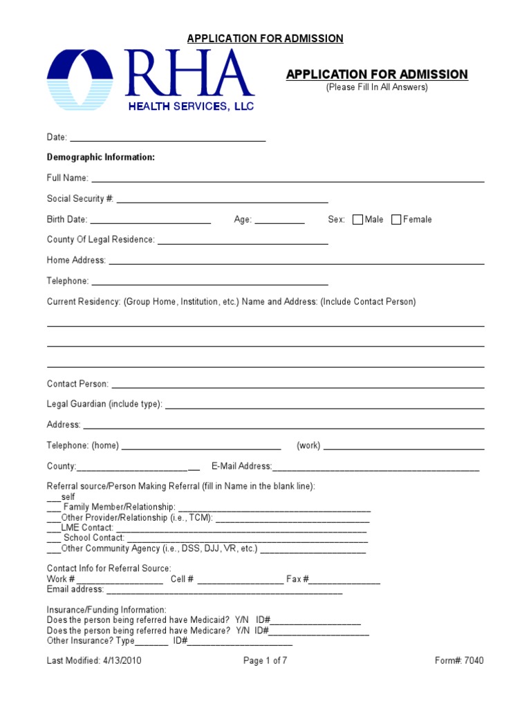rha health services application for admission Health Care Public Health
