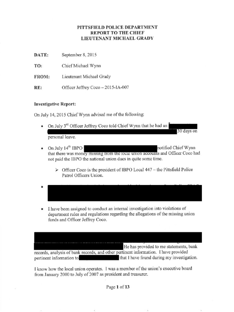 Pittsfield Police Internal Report On Jeffrey Coco | PDF