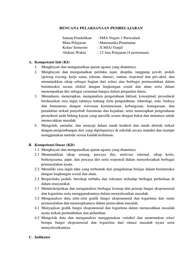 RPP Matematika Peminatan Kelas X Fungsi Eksponen Dan