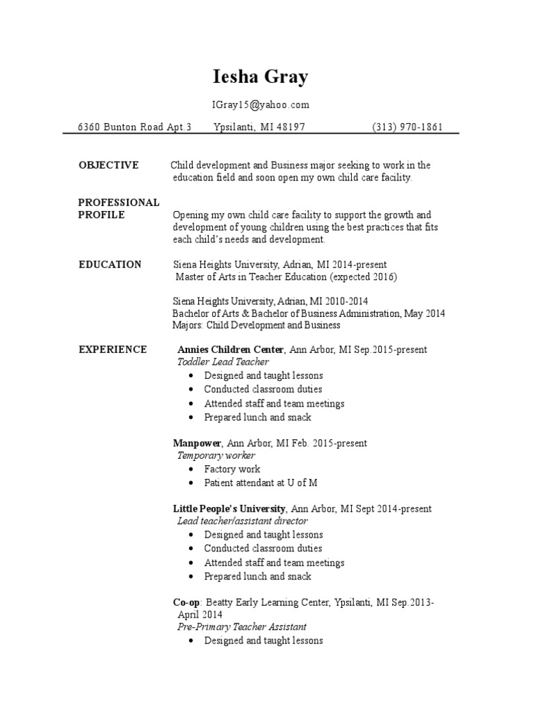Child Development Major Resume | PDF