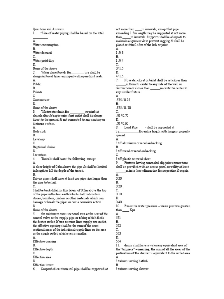 Questions and Answers Plumbing Pipe (Fluid Conveyance)