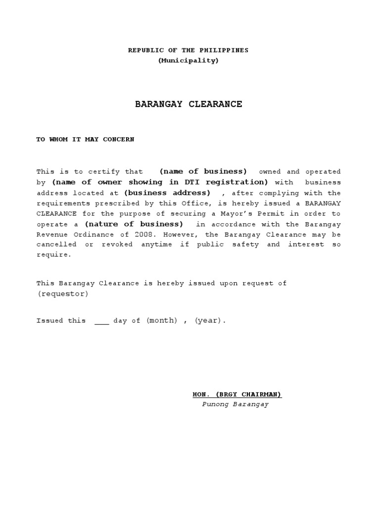 Brgy Clearance for Business Permit