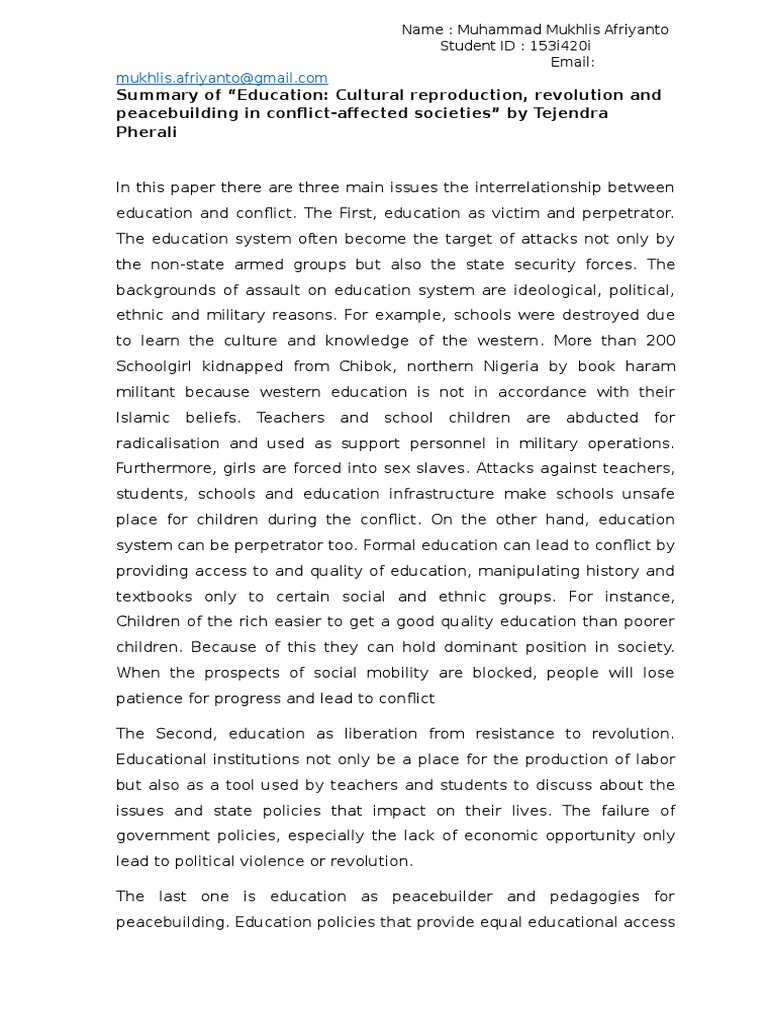 Summary of "Education Cultural Reproduction, Revolution and