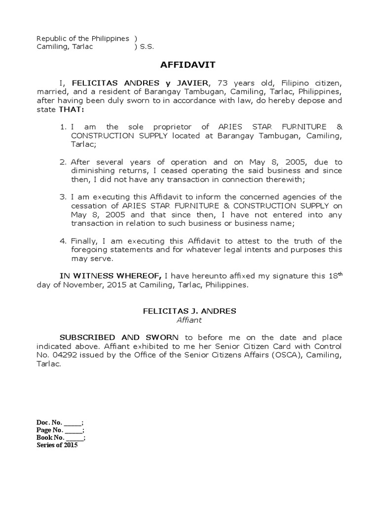 Affidavit and affidavit of loss andres cessation and bir documents