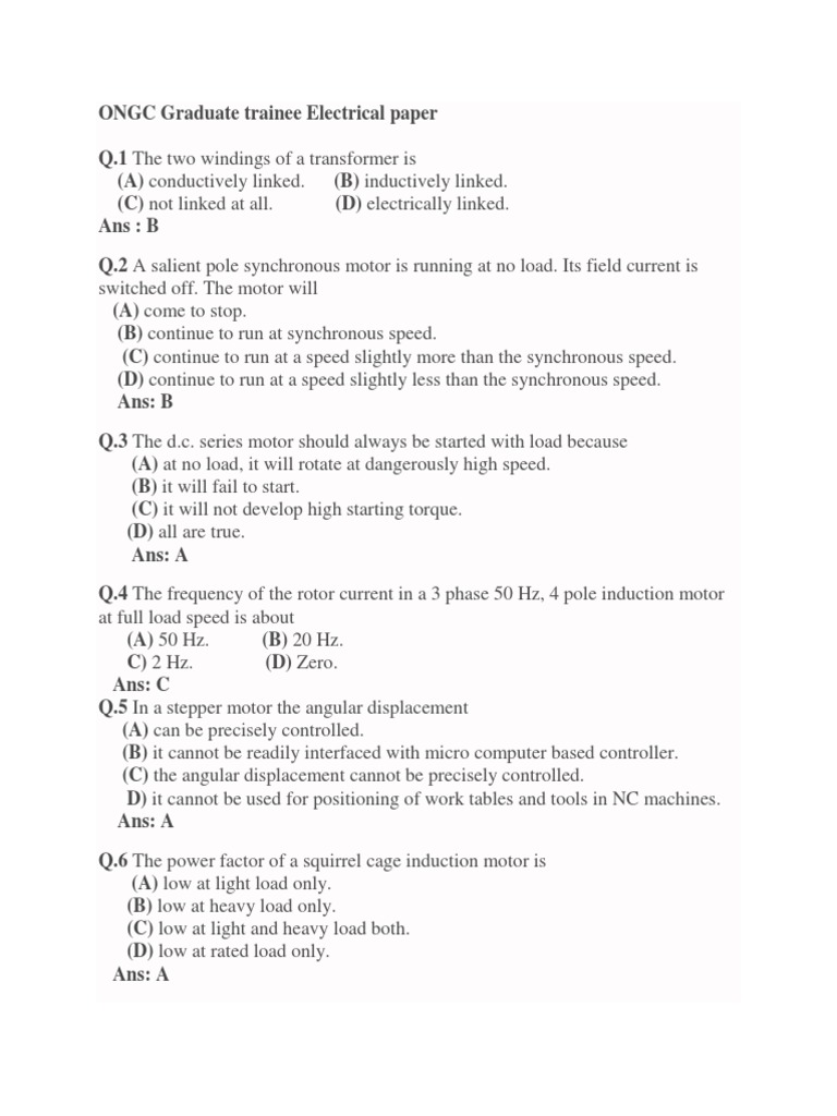 ONGC Electrical Engineering Paper | PDF | Magnetic Devices ...