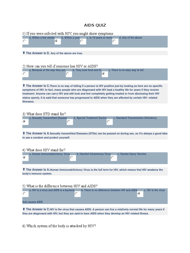 Understanding HIV/AIDS: An Educational Quiz | PDF | Hiv/Aids | Infection