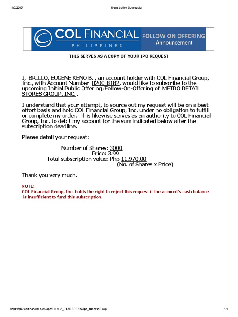 IPO Subscription Confirmation for Metro Retail | PDF