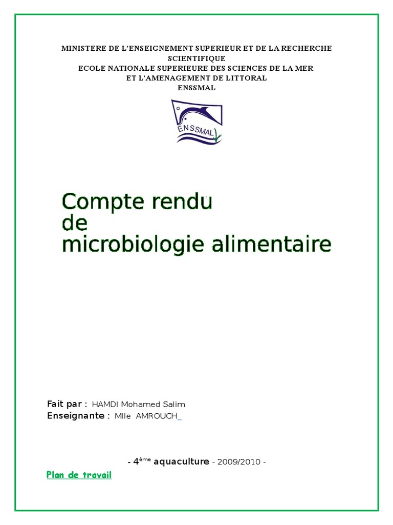 Compte Rendu Tp Analyse Microbiologique Du Lait Compte Rendu de Microbiologie Alimentaire | PDF | Éléments métalliques |  Intoxication alimentaire