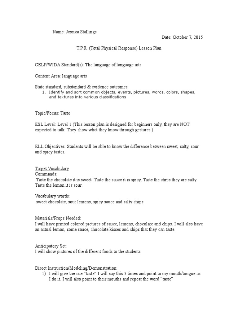 TPR Lesson Plan: Exploring Tastes for ESL | PDF
