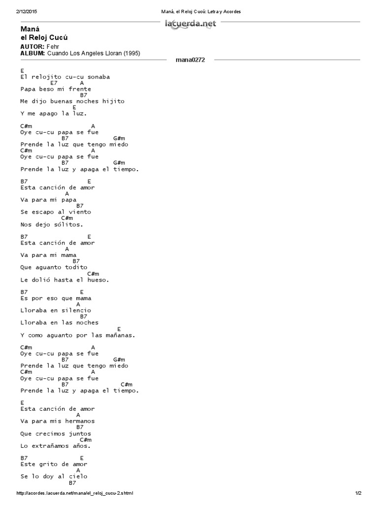 Mana El Reloj Cucu Letra Y Acordes Pdf Musica Pop Musica Grabada