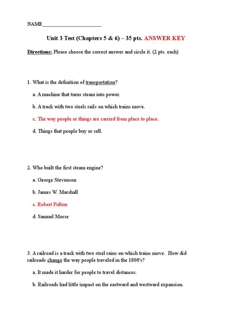 Unit 3 Test Answer Key