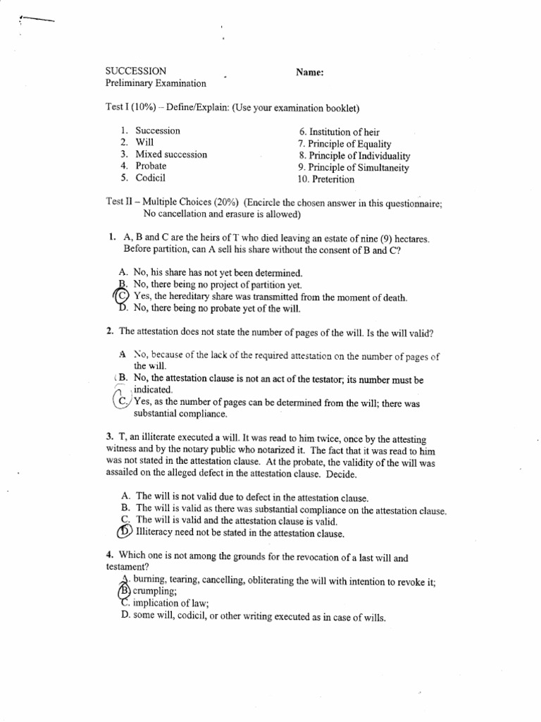 Preterition in Succession Law Exam | PDF | Will And Testament | Probate