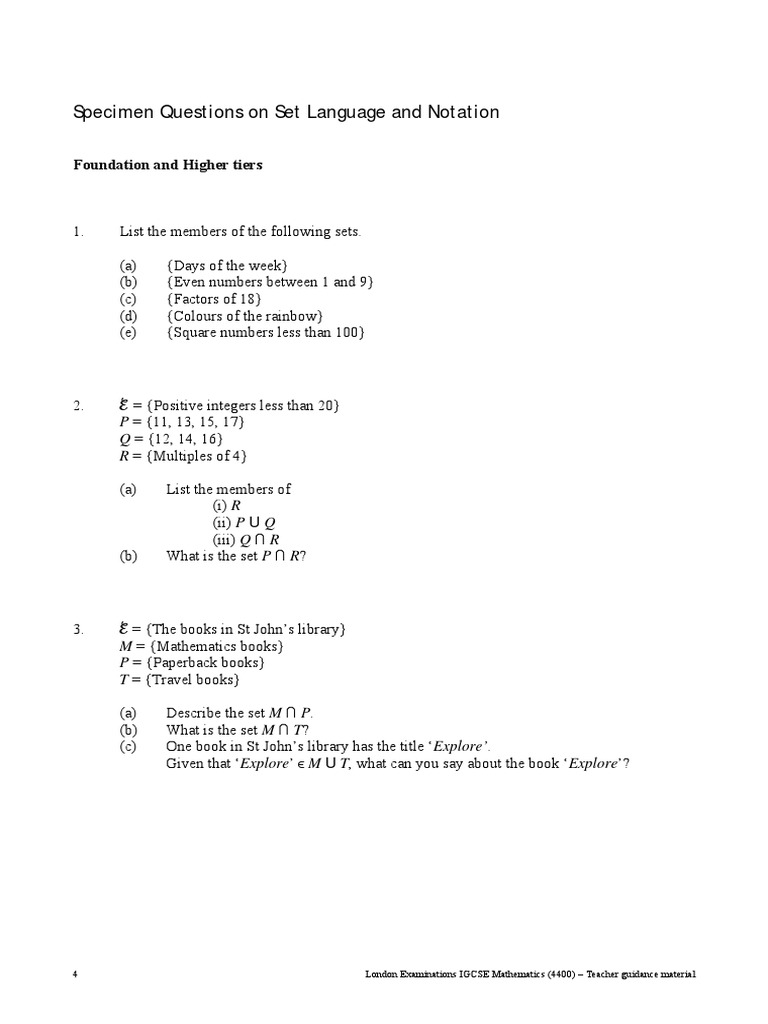 Set Language & Notation Worksheet | Number Theory | Mathematical Concepts