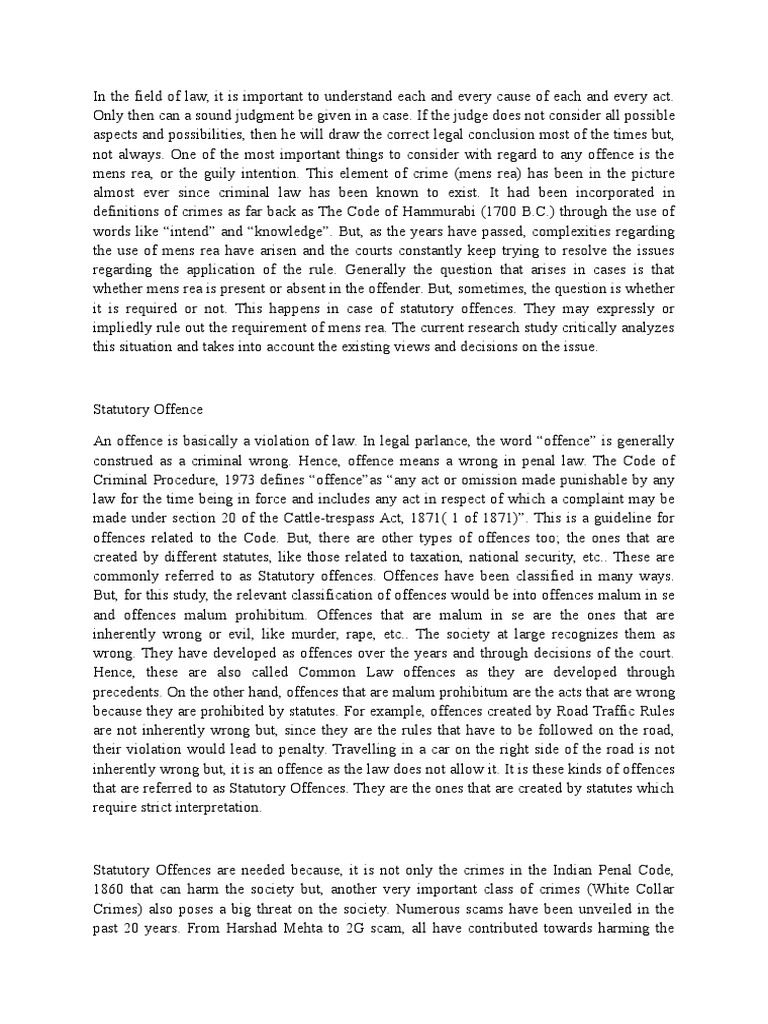 Mens Rea in Statutory Offences Explained | PDF | Mens Rea | Intention ...