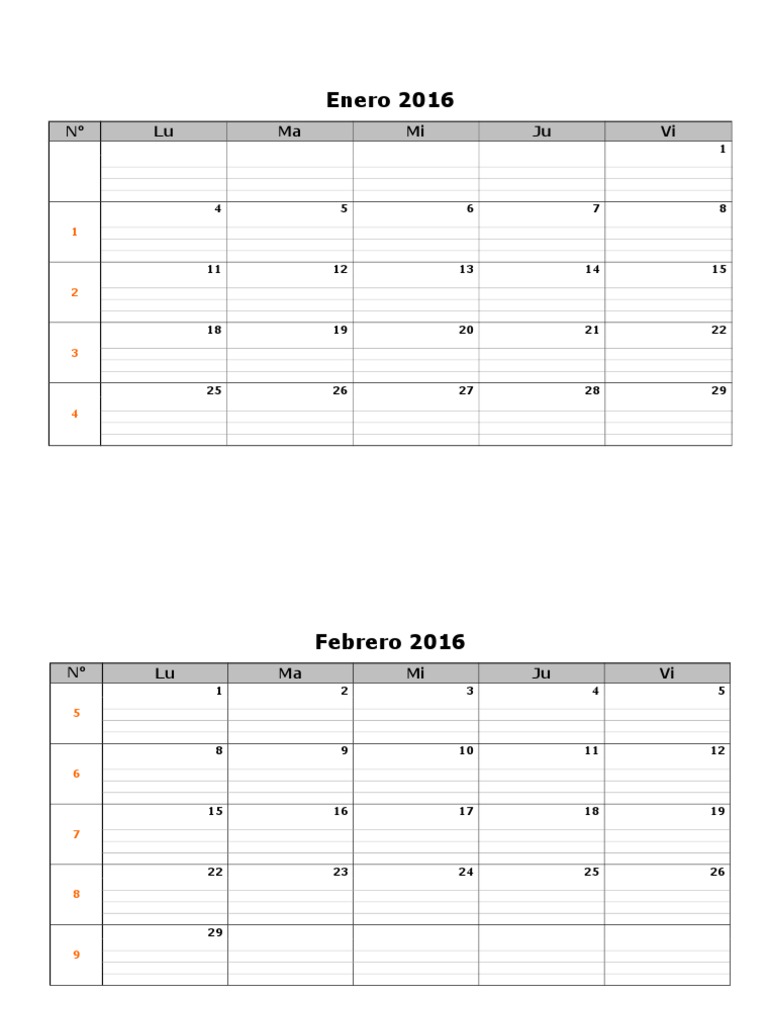 Calendario Lunes a Viernes para Imprimir en Oficio