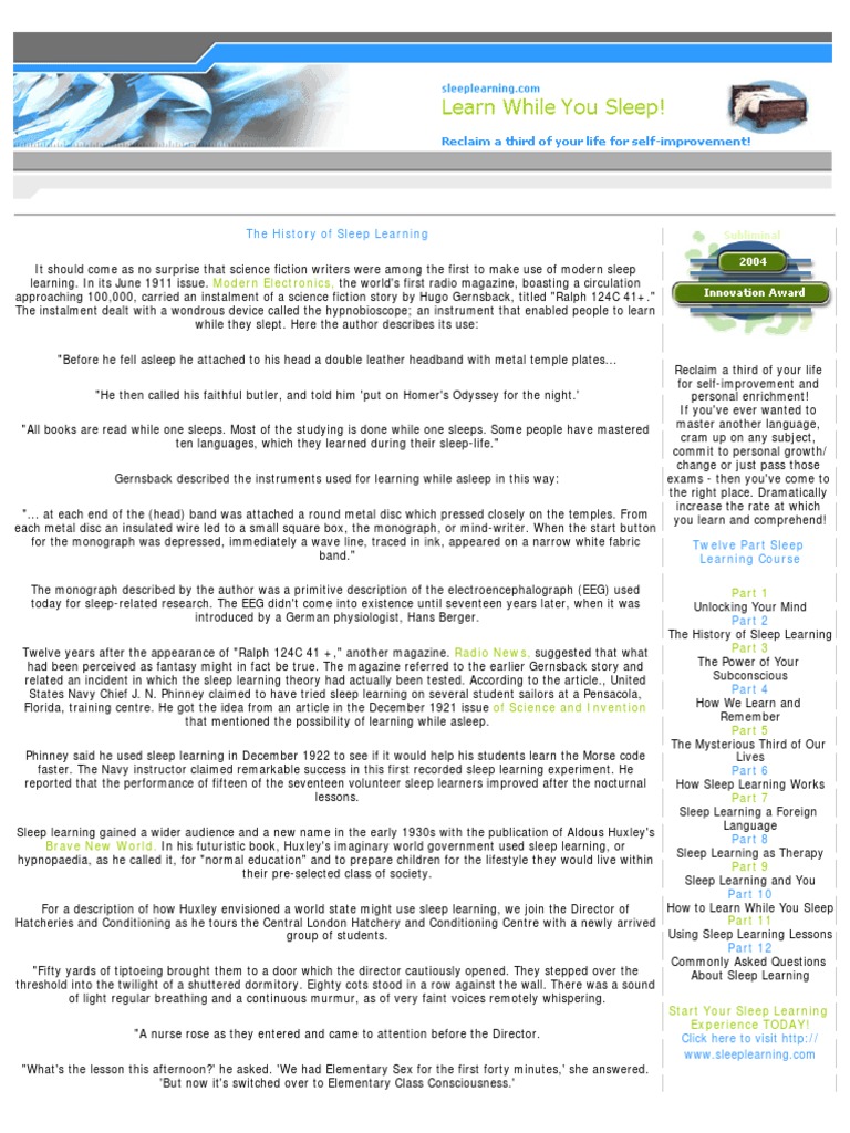 2 The History of Sleep Learning | PDF | Hypnosis | Sleep