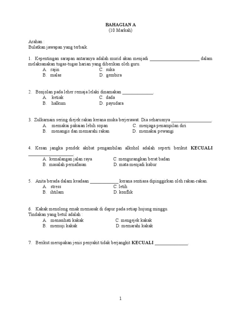 Soalan Latihan Pendidikan Kesihatan Tahun 4 Pdf