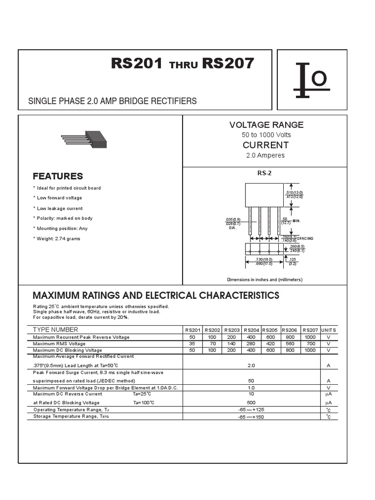 RS207 Bridge Rectifier Specifications | PDF