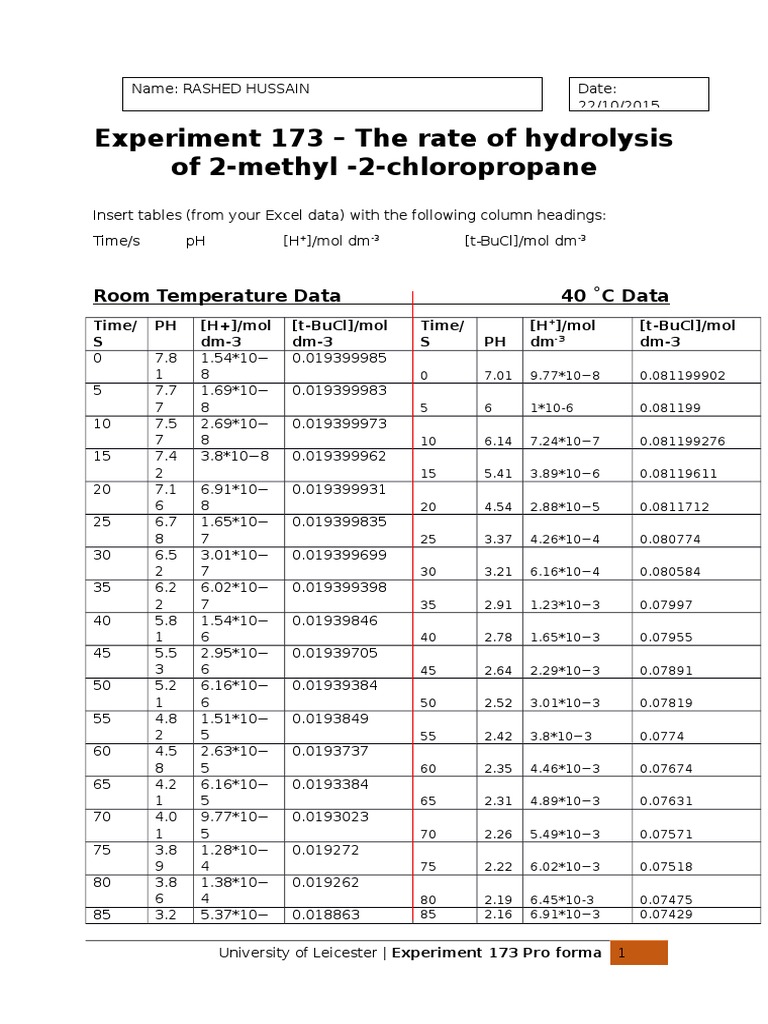 Hydrolysis Rate of 2-Methyl-2-Chloropropane | PDF | Thermodynamics ...