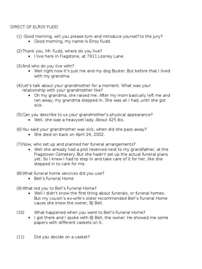 Direct Examination Example Questions | PDF | Funeral | Witness