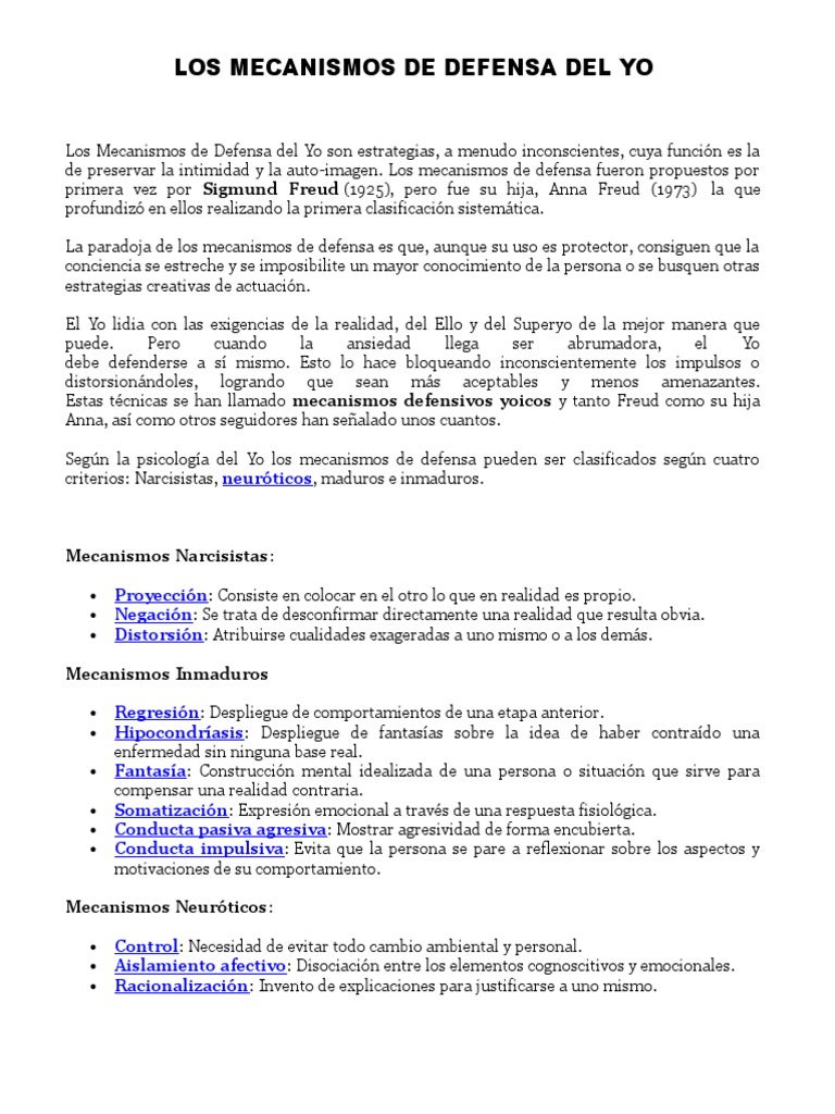 Articulo Sobre Los Mecanismos de Defensa Del Yo | PDF | Carné de ...