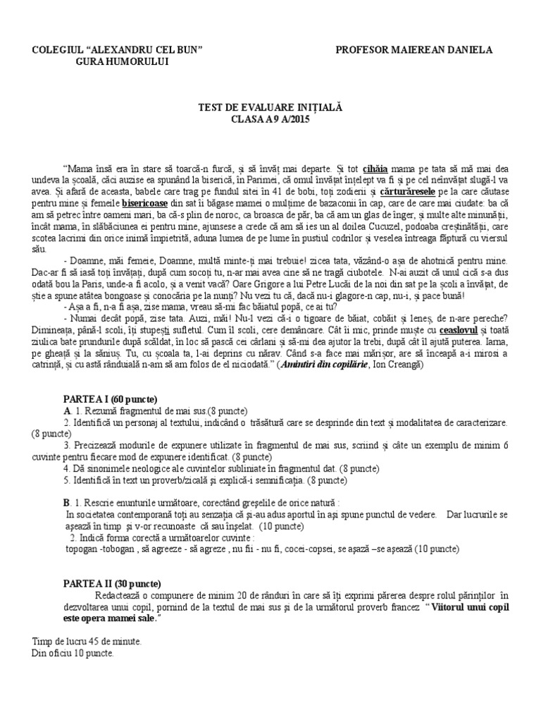 Test Initial Limba Si Literatura Romana Clasa A 9 A Profil Umanist 2015 ...