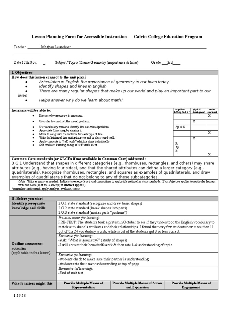 Lesson Planning Form For Accessible Instruction - Calvin College ...