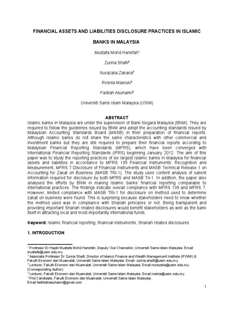 Financial Assets and Liabilities Disclosure Practices in Islamic Banks ...