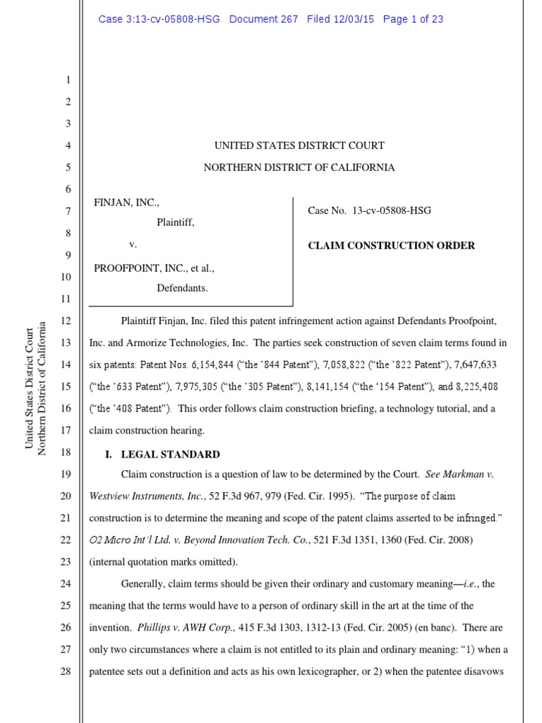 Finjan V Proofpoint Markman Order | PDF | Parsing | Patent Claim