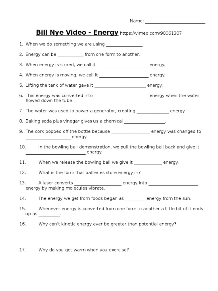 Bill Nye Energy Video Questions  Mechanics  Physical Chemistry Pertaining To Bill Nye Energy Worksheet Answers