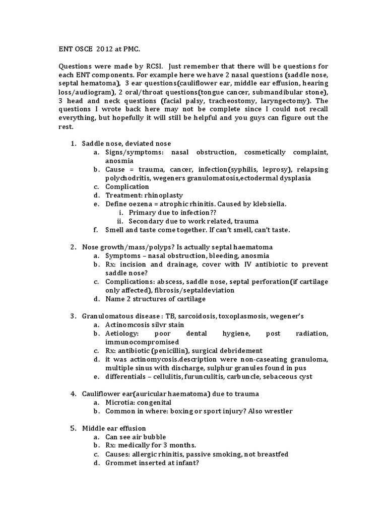 ENT OSCE Sample Questions 2012 | PDF | Human Nose | Ear