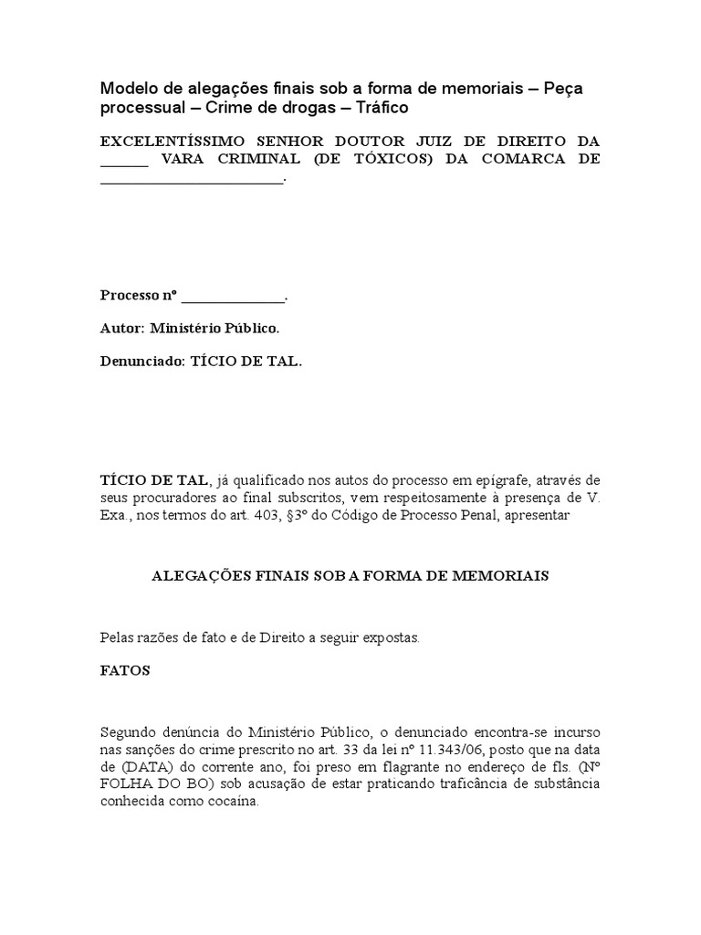 Modelo de Alegações Finais Sob a