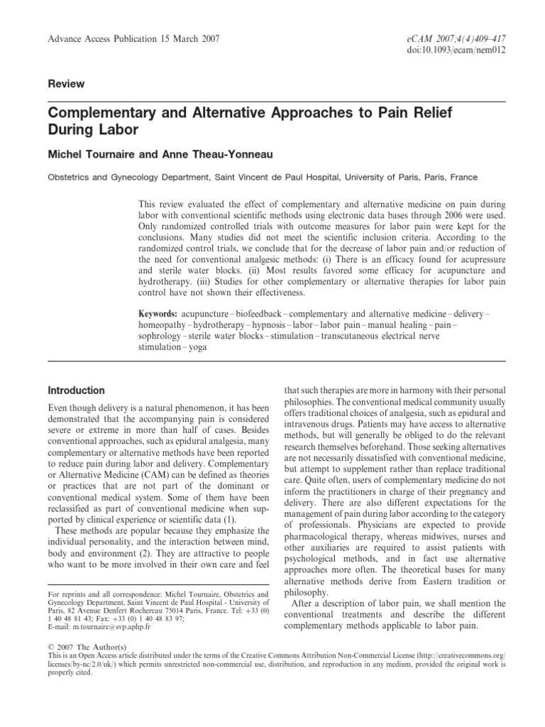 Complementary and Alternative Approach For Pain Management in Labour PDF Childbirth
