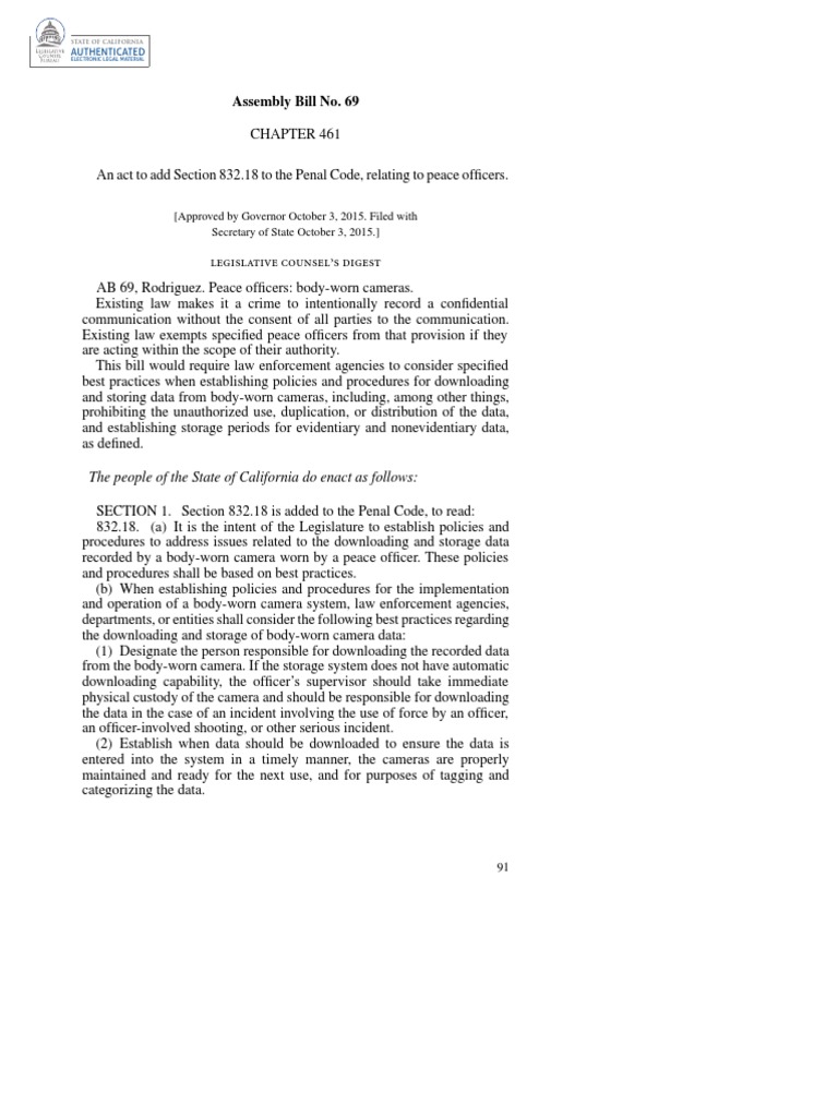 Assembly Bill No. 69 Legislative Counsel's Digest PDF Body Worn